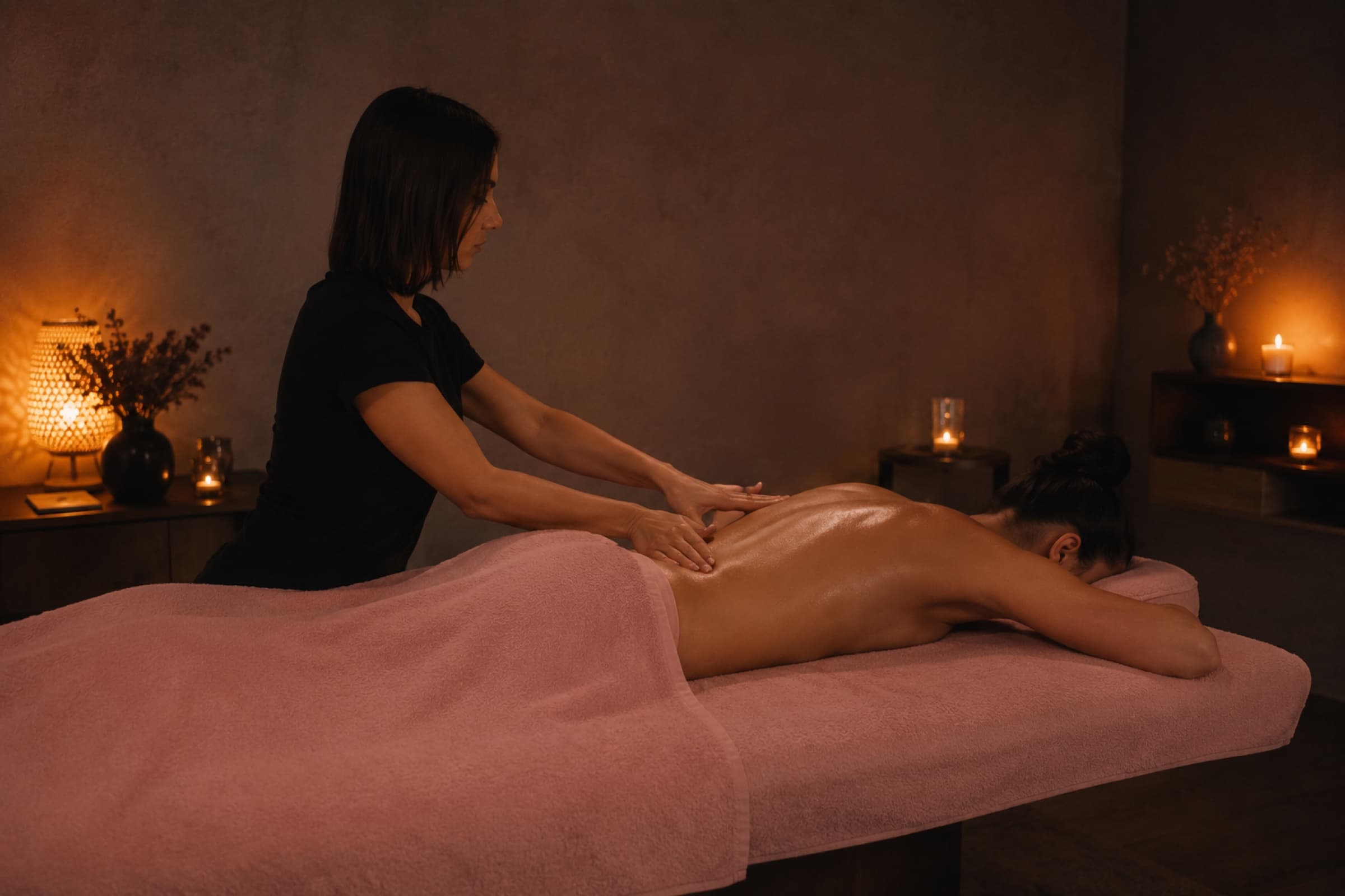 Sarah lors d'un massage dans une ambiance cocooning